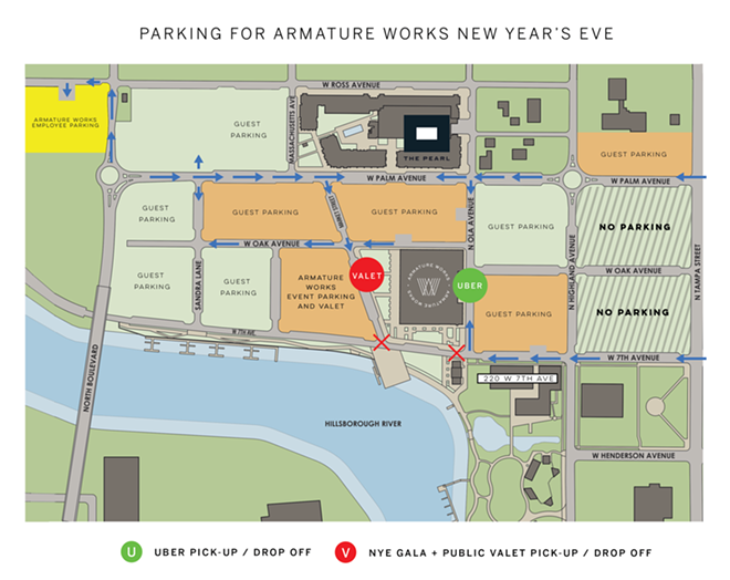 The map shows parking, traffic patterns and valet locations. - Armature Works