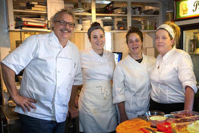 IN THE KITCHEN: (From left to right) Executive chef, Curtis Beebe, Pastry chef Racheal Meyrrowich, Sous chef Katie Brodie, Chef d'cuisine, Patrice Murphy. - Chip Weiner