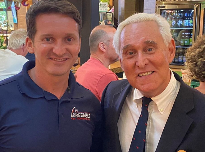 Eagle with Roger Stone at an August fundraiser. - Photo via Dane Eagle/Instagram
