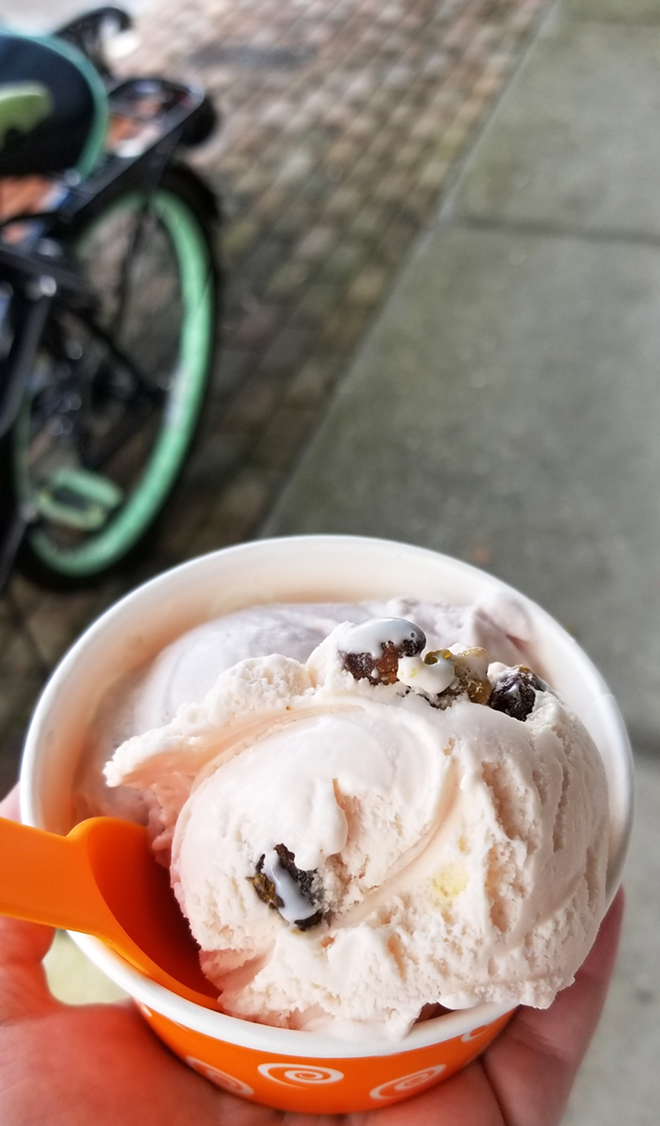 Orange Cycle Creamery's pistachio rose water and lavender honey ice creams make a delicious combo. - Meaghan Habuda