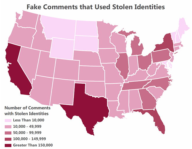 This map shows the volume of public comments that may have been posted using stolen personal information. - nyag.gov