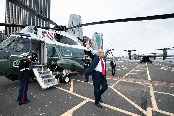 President Donald J. Trump waves as he disembarks Marine One Friday, Aug. 14, 2020, at the Wall Street landing zone in New York City. - Official White House Photo by Joyce N. Boghosian
