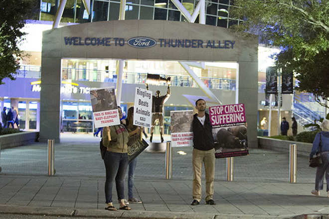Demonstrators protest animal abuse in front of Amalie Arena just before the Ringling Bros. and Barnum & Bailey circus was scheduled to begin Wednesday night. - Chip Weiner
