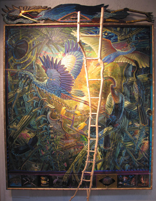FLIGHT PLAN: Birds navigate colorful congestion in "Golden Forest, " by Mark Messersmith, with carved wooden top part and ladder with mixed-media predella box on bottom. - Courtesy The Artist