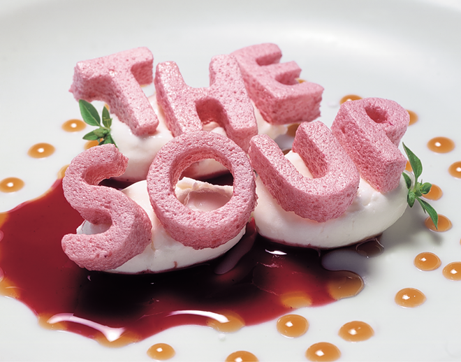 Ferran Adrià's alphabet soup: dehydrated strawberry meringue gel, Philadelphia cream cheese, Greek yogurt, rosemary honey, amaretto, basil (Pre-Dessert 2004). - ©elBulliArchive/Francesc Guillamet