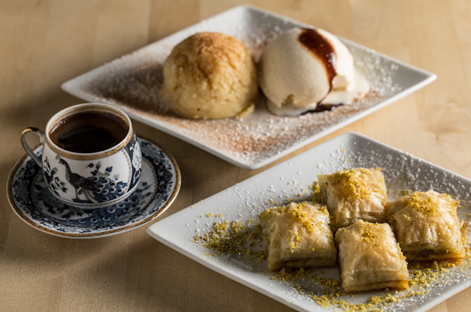 Mio’s halva is a cooked concoction of semolina with sugar, milk, butter, nuts and cinnamon that’s soft, but scoopable.. The many layered baklava is distinctly Turkish; it’s less spiced and highlights chopped pistachios instead of walnuts. - Photo by James Ostrand