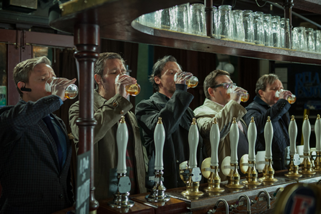 BOTTOMS UP: (l to r) Martin Freeman, Paddy Considine, Simon Pegg, Nick Frost, and Eddie Marsan have a pint and wait for it to all blow over. - Laurie Sparham / Focus Features