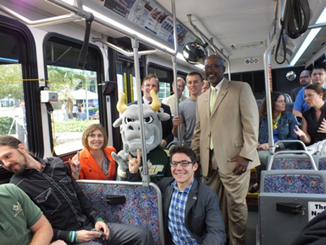 (L-to-R) Congresswoman Kathy Castor, USF's Mascot Rocky , Pinellas County Commissioner Ken Welch and others. - Ellen Kirkland