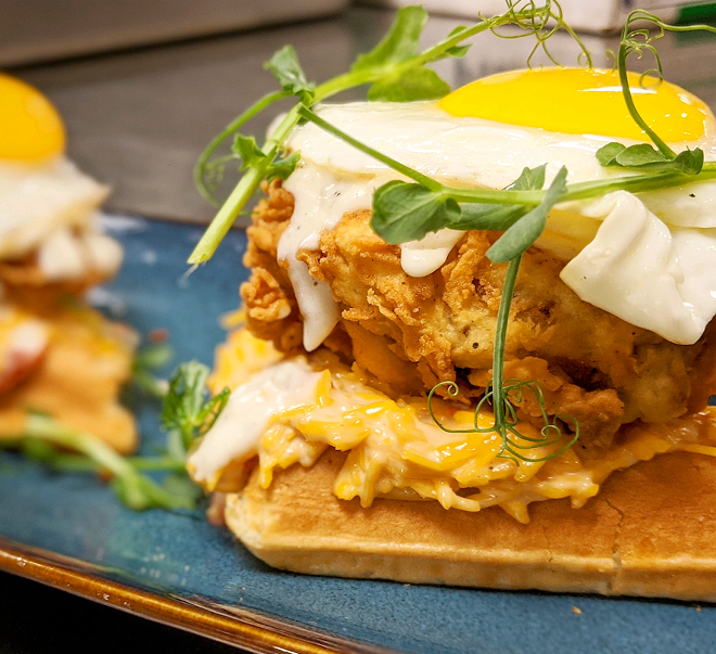 Pimento cheese chicken and waffles. - C/O THE FENWAY HOTEL