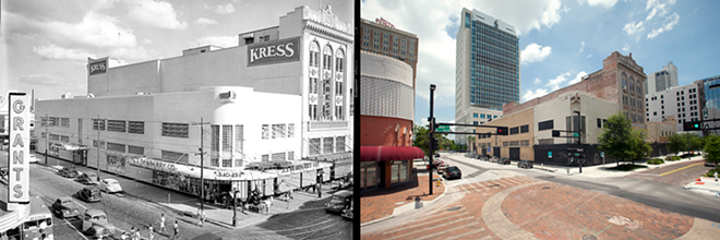 The now-abandoned Kress Block on the 800 block of Franklin (above) was once a busy commercial hub, as in the 1949 photo (left) by Burgert Brothers Photography. - Burgert Brothers Photography/Chip Weiner Photographic Arts