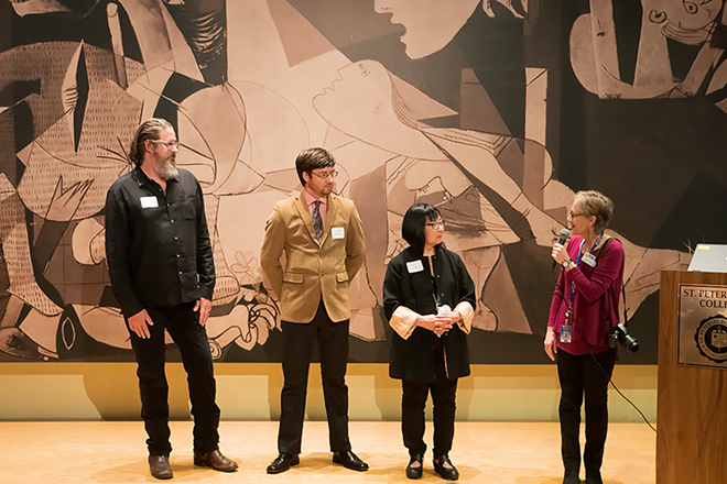 Meet the three artists whose work is currently on display at the Leepa-Rattner Museum of Art. From left to right: Rob Tarbell, Nathan Beard, and Akiko Kotani with LRMA Education Coordinator Patti Buster (far right) - JENNIFER RING
