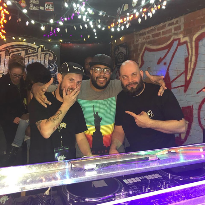 Conrad Buchanan (center) pictured with DJ Casper (L) and DJ Fader during Ol’ Dirty Sundays at Crowbar in Ybor City, Florida. - GRIFFGOTTI/Facebook