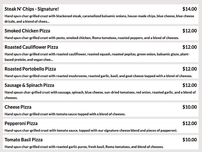 A screenshot of the pickup menu on Bougie Pizza's proprietary ordering site. - Bougie Pizza