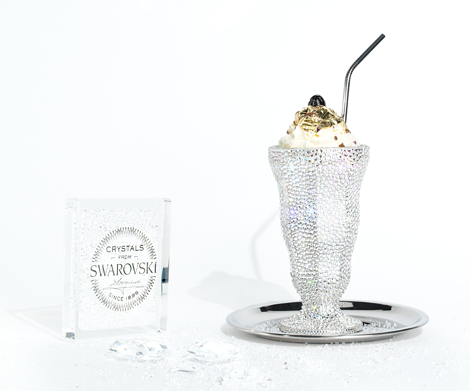 Serendipity 3's Luxe Milkshake is served in a glass adorned with more than 3,000 Swarovski crystals. - Courtesy of Serendipity 3