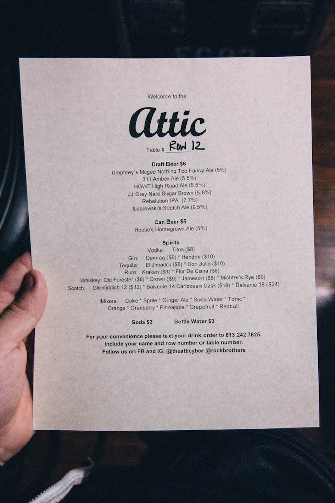 A sample drink menu before a show at The Attic in Ybor City, Florida on December 16, 2016. - Anthony Martino