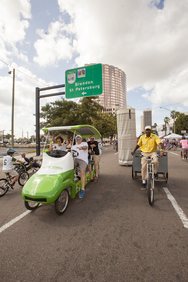Self-guided bike taxi tours brought lots of happy cyclers. Cyclovia Tampa 2015. - Nicole Abbett