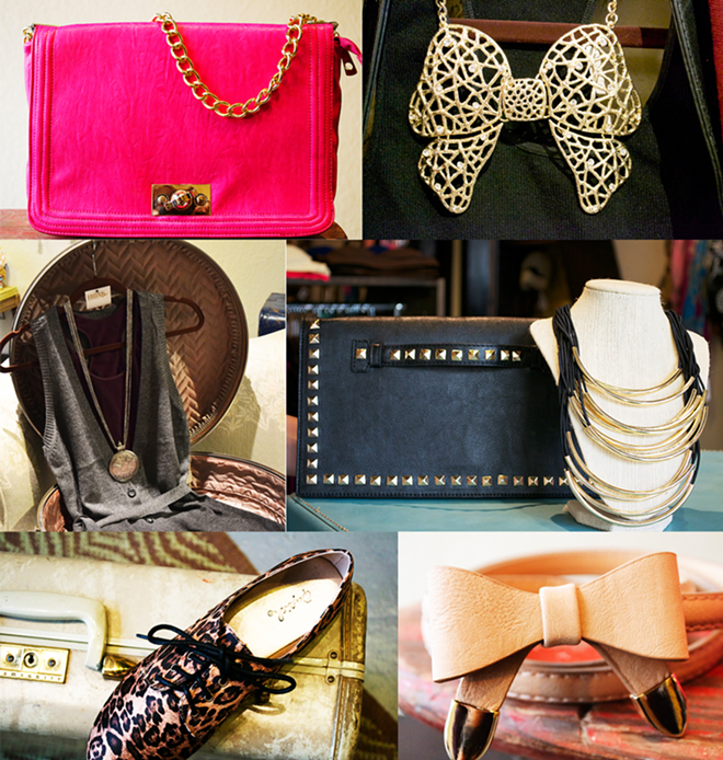 REBORN IN A TRUNK: (cockwise from left) hot pink handbag, $42; The bowtie necklace, my latest crush; studded clutch, $32, and layered gold plate necklace, $24; bow belt, $14; cheetah oxfords, $27.99; and an ombre vest, $32, and pocket watch necklace, $16. - Leslie Joy Ickowitz