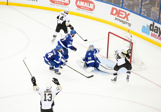 Vasi stretched out as fast and far as his 6’4” torso would allow, but couldn’t stop Kunitz from scoring the Pens’ third goal. - Nicole Abbett