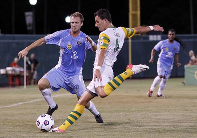 Rowdies forward Matt Clare fires a left-footed shot on goal in Tampa Bay’s 2-0 victory over Puerto Rico last Saturday night at Al Lang Stadium in St. Petersburg. - MATT MAY/TAMPA BAY ROWDIES