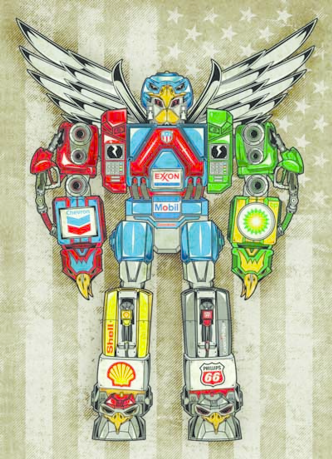 MORE THAN MEETS THE EYE: "The Fleet of Doom," by Chris Parks, integrates oil company logos with a Transformers-style robot. - Courtesy Of The Exhibitionists