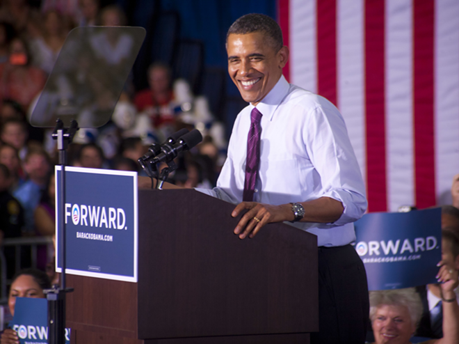GREETING HIS FANS: Obama spoke to an enthusiastic crowd at Hillsborough Community College in Tampa last Friday. - Shanna Gillette