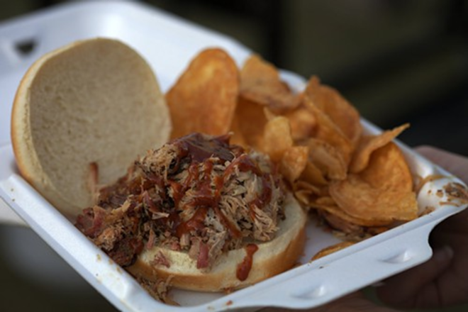 A pulled pork sammie & homemade chips from Holy Hog BBQ; GMF 2013 - Phil Bardi