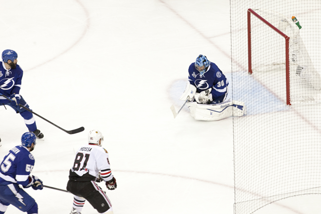 Lightning goalie Ben Bishop stopped 19 shots on goal during Game 1, including this one late in the third. - Nicole Abbett