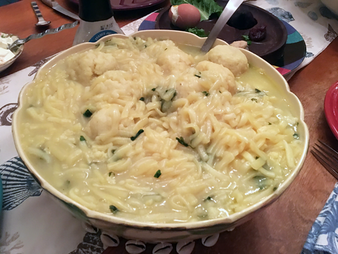 Yes, this matzo ball soup is gluten-free — and, contrary to how it looks, delicious. - Cathy Salustri