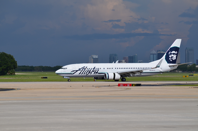 First Alaska Airlines flight from Seattle that landed yesterday in Tampa International Airport. Downtown Tampa can be seen in the background. - Photo Courtesy of Imani Lee
