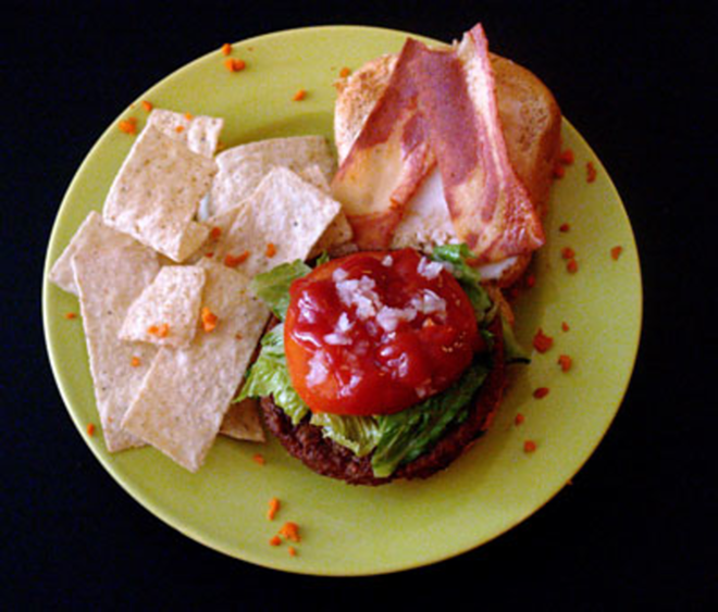 SOY GOOD: The classic burger's cousin, the soy burger, is served up with veggie bacon and ketchup. - Valerie Troyano