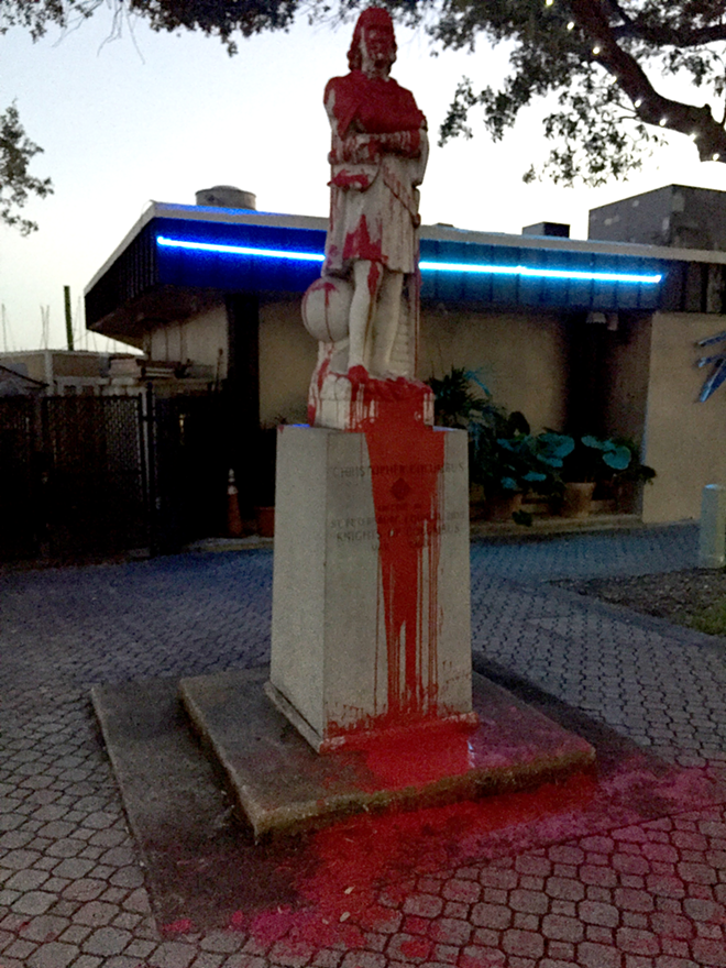 An anonymous vandal defaced this 1960 Knights of Columbus statue sometime before 6 p.m. on Thanksgiving. - Ray Lehmann
