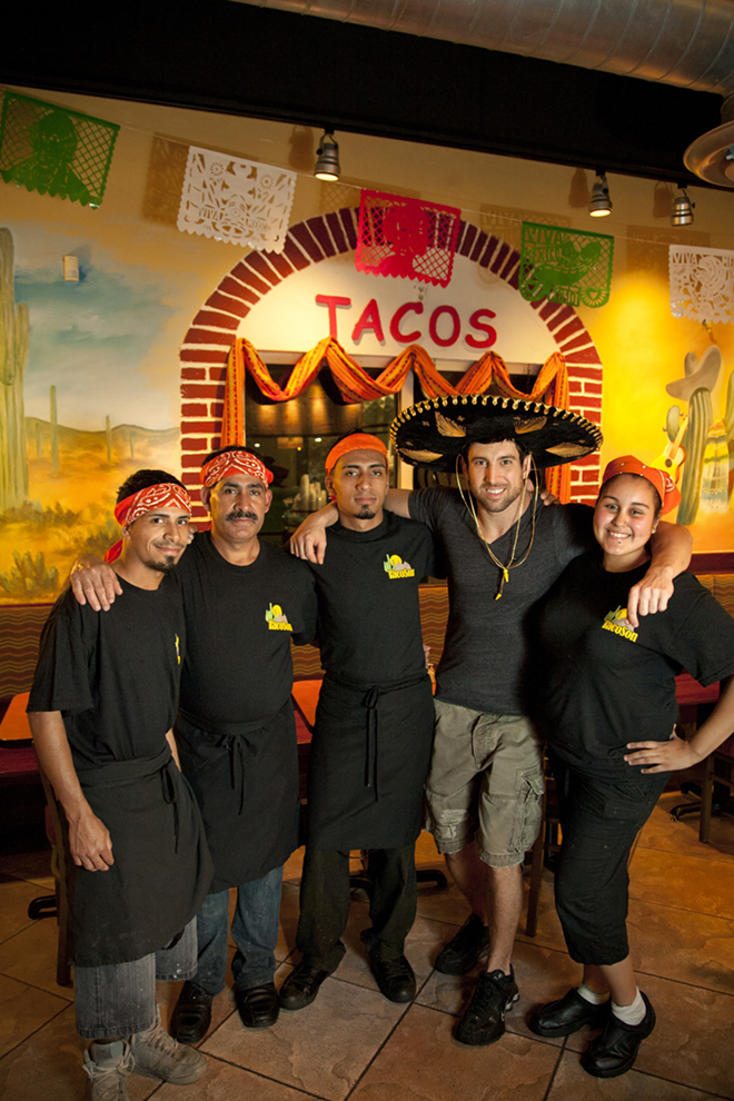 UNDER THE SON: TacoSon owner Bill Christie (in sombrero) with staffers Roman, Juan, Celso, and Elisa. - Shanna Gillette