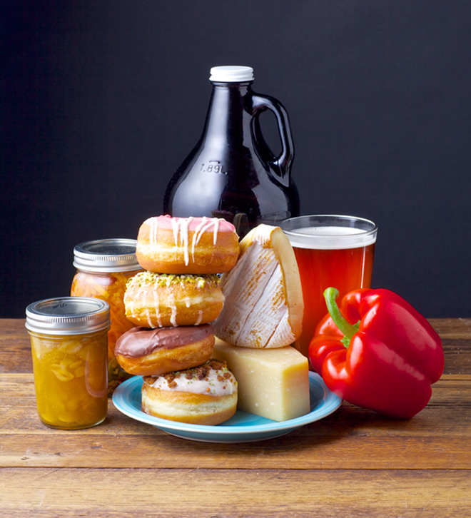 LOCALICIOUSNESS: Urban Canning Company goods, doughnuts by The Hole Donuts, Mazzaro's cheese, Brewers' Tasting Room beer and a Rollin' Oats pepper. - Todd Bates