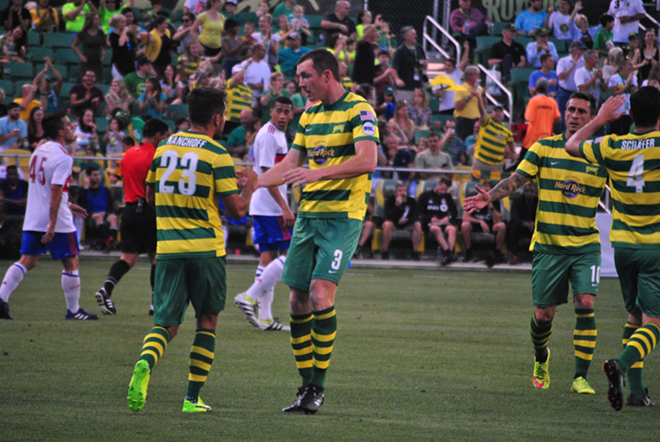 Michael Nanchoff and Neil Colins celebrate after the Rowdie's first goal of the night - Colin O'Hara