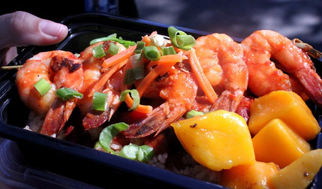 Give & Grub's blackened shrimp rice bowl, named after Lightning goaltender Ben Bishop. - MEAGHAN HABUDA