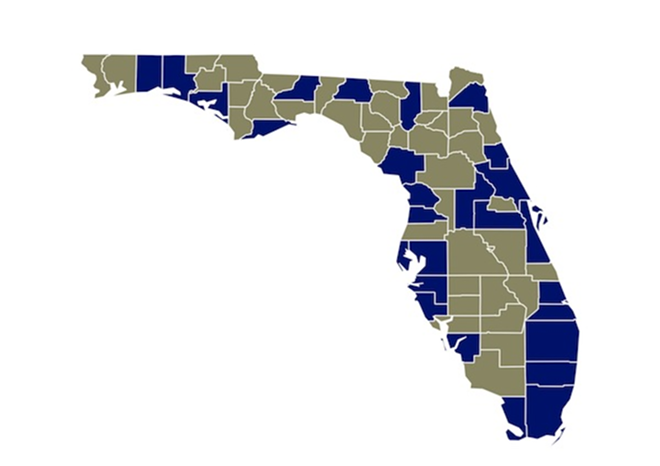 A map showing the Florida counties in which Citizens Awareness lawsuits have been filed. - Grant Smith/FCIR