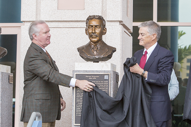 Mayor Bob Buckhorn and Steve Anderson, president of Friends of the Riverwalk, with bust of Herman Glogowski, Tampa's first Jewish mayor - Chip Weiner