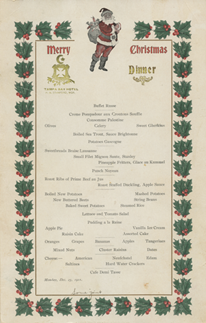 A 1911 Tampa Bay Hotel Christmas menu, part of the Henry B. Plant Museum's Menus collection. - Henry B. Plant Museum