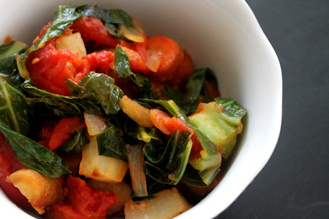 Warming up to root vegetables: Roasted Root Veggies with Tomatoes & Collards - MEAGHAN HABUDA