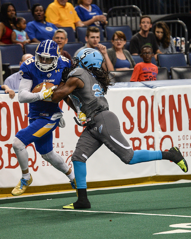 The Tampa Bay Storm faces off against the Philadelphia Soul at Amalie Arena in Tampa, Florida on April 15, 2017. - James Luedde