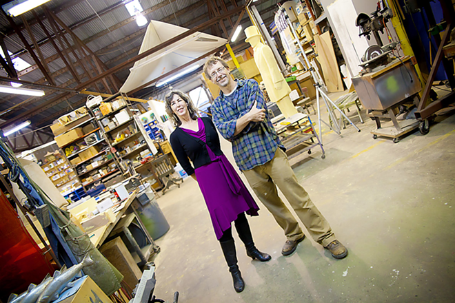 MEETING THEIR PUBLIC: Mark Aeling and Catherine Woods at the 8,000-sq-ft warehouse where they create their large-scale sculptures. - Shannagillette.com