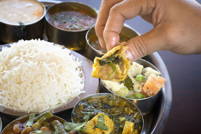 At Udipi, hop from bowl to bowl with the south Indian thali dish's mini buffet. - Chip Weiner