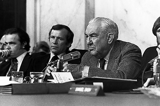 PARTNERS IN CRISIS: Sens. Baker (left) and Ervin worked together on the Watergate committee. - U.S, Senate/Sen. Sam J. Ervin Library and Museum