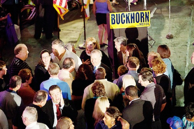CROWD SUPPORT: Bob Buckhorn and fans on the night of the Tampa mayoral election. - Chip Weiner