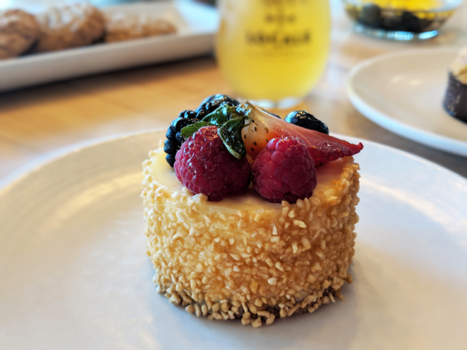 Locale and FarmTable's mascarpone cheesecake goes great with blueberry cider from Slim Pickens. - Thomas Barris