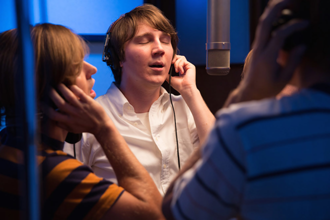 SWEET HARMONIES: Paul Dano (center) as young Brian Wilson in the studio with Brett Davern as brother Carl in Love & Mercy. - FRANCOIS DUHAMEL