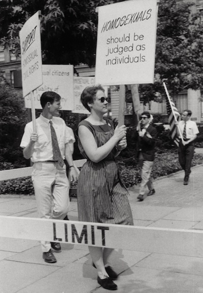 QUIET STORM: Barbara Gittings picketing Independence Hall on July 4, 1966, the second of the four Annual Reminders. - KAY LAHUSEN