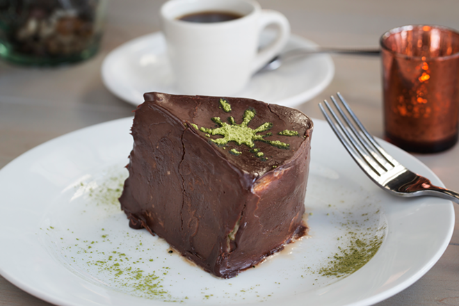 One dessert fusion is the chocolate-covered matcha crêpe cake filled with cream. - Chip Weiner