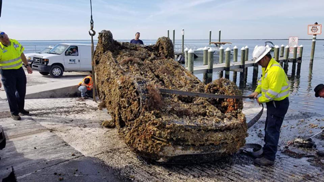 Last week, a boater first spotted the barnacle-covered car with a depth finder. - Tampa Police Department/Facebook