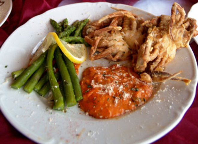 CRUNCHY CRAB: The soft-shell crab is breaded and fried to perfect crispness and accompanied by a creamy sauce. - Valerie Troyano